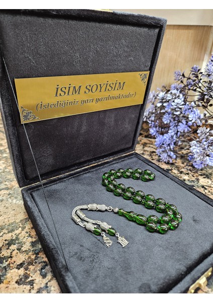 Ateş Kehribar Tesbih, Harfli Kişiye Özel Kadife Kutulu , Sıkma Kehribar ,tespih Gümüş Kaplama, Koyu Yeşil