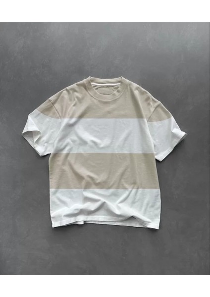 Ipeksi Unisex Bisiklet Yaka Parçalı T-Shirt - Bej