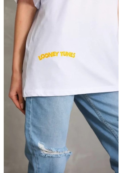 Ipeksi Unisex Baskılı Oversize T-Shirt - Beyaz