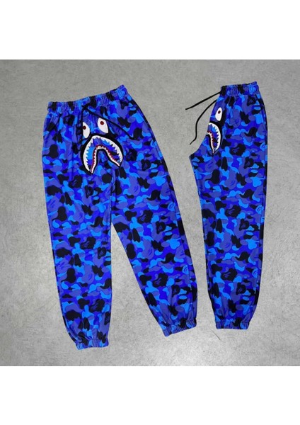 Ipeksi Iki Iplik Mevsimlik Bape Nakişli Eşofman Pantolon - Mavi