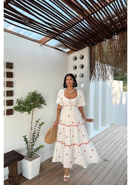 Ipeksi Nar Çiçeği Dantel Detaylı Brode Elbise