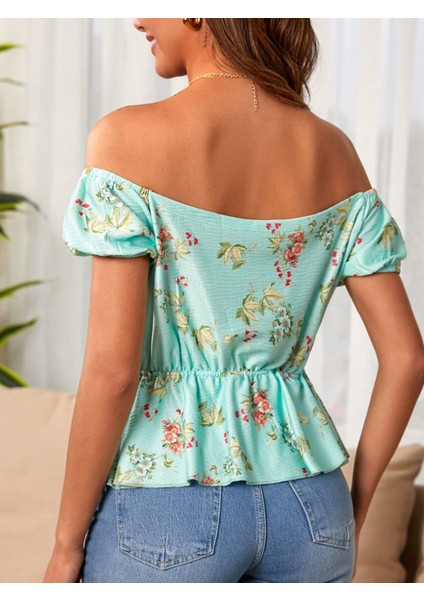 Ipeksi Kadın Kısa Kollu Madonna Yaka Çiçek Desenli Düğme Detay Gipeli Süprem Kumaş Bluz fırsatları