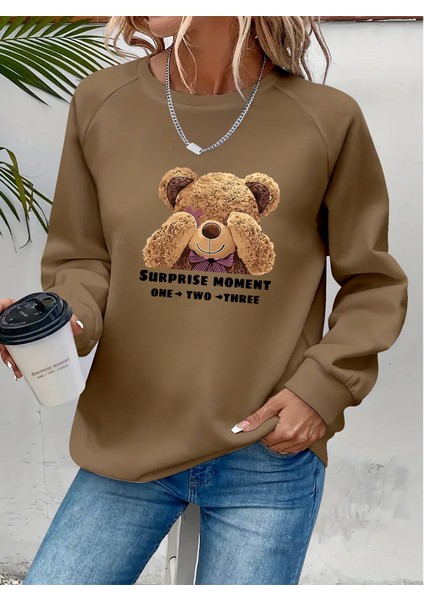 Ipeksi Kadın Uzun Kollu Bisiklet Yaka Ayıcık Desenli Viskon Iki Iplik Bluz