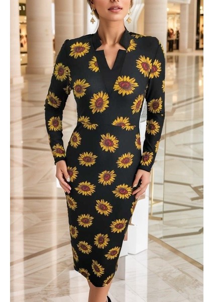 Ipeksi Kadın Uzun Kollu V Yaka Puantiyeli Krep Midi Boy Elbise indirimleri