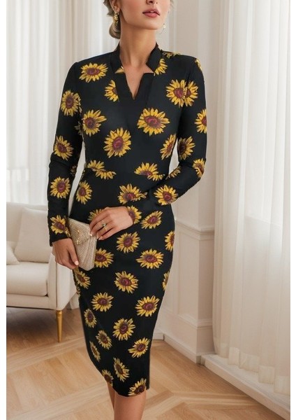 Ipeksi Kadın Uzun Kollu V Yaka Puantiyeli Krep Midi Boy Elbise