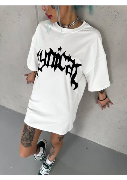 Ipeksi Unisex Bisiklet Yaka Baskılı Oversize T-Shirt - Beyaz modelleri