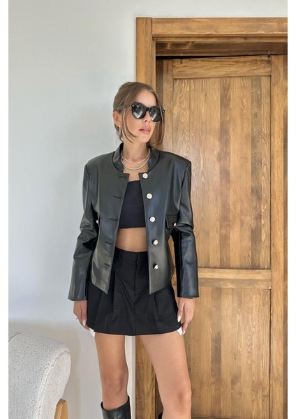 Ipeksi Siyah Önü Düğme Kapamalı Deri Ceket modelleri