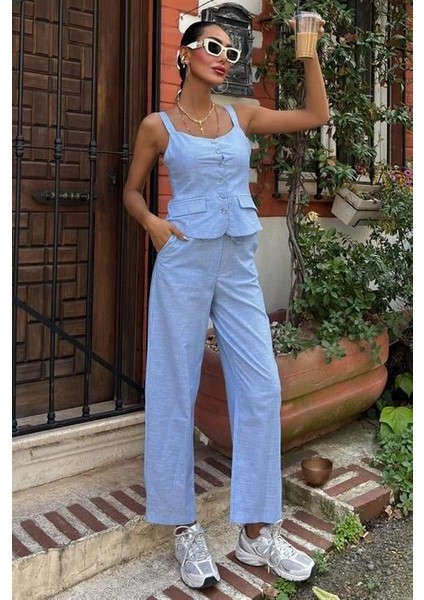 Ipeksi Kalın Askılı Bluz Pantolon Keten Takım 10187