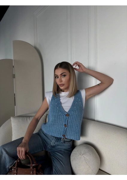Ipeksi Triko Kolsuz Düğmeli Yelek - Mavi indirimleri