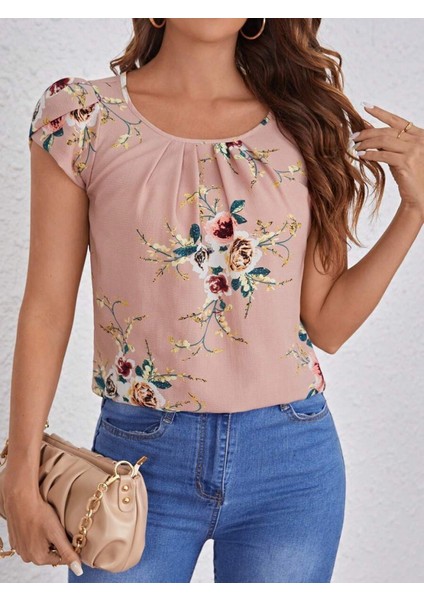 Ipeksi Kadın Kısa Kollu Bisiklet Yaka Çiçek Baskılı Süprem Bluz modelleri