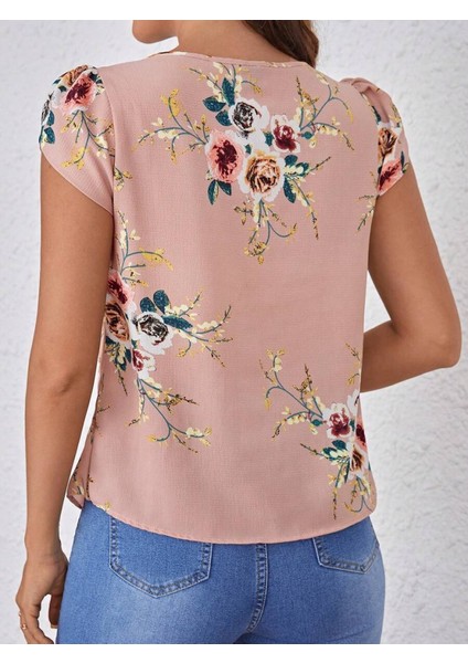 Ipeksi Kadın Kısa Kollu Bisiklet Yaka Çiçek Baskılı Süprem Bluz