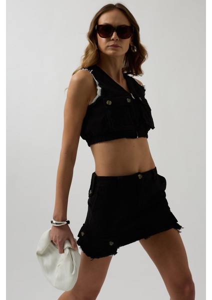 Ipeksi V Yaka Düğmeli Crop Yelek