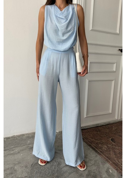 Ipeksi Degaje Yaka Kolsuz Bluz - Pantolon Takım - Mavi modelleri