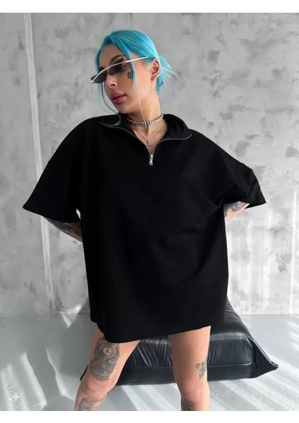 Ipeksi Unisex Yarım Fermuarlı Basic T-Shirt - Siyah fırsatları