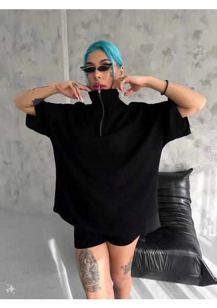 Ipeksi Unisex Yarım Fermuarlı Basic T-Shirt - Siyah indirimleri