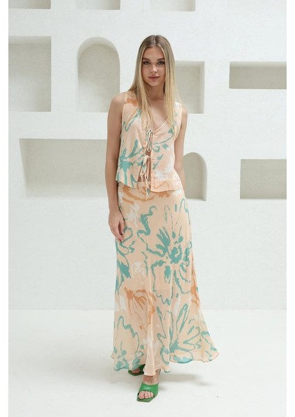 Ipeksi Bağcıklı Bluzlu Etek Takım - Pudra