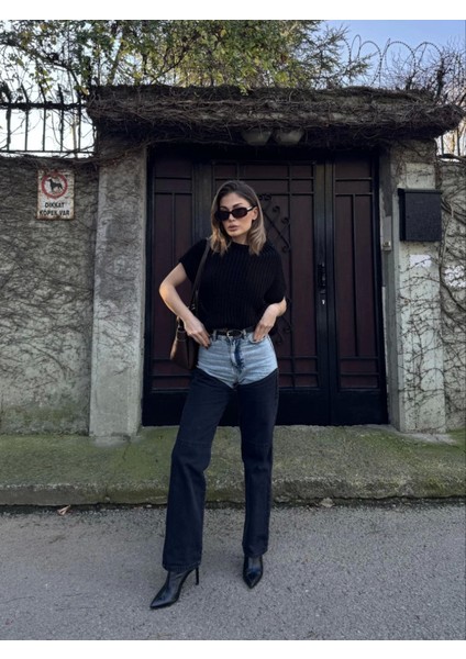 Ipeksi Jeans Kot Parçalı Palazzo Pantolon - Siyah