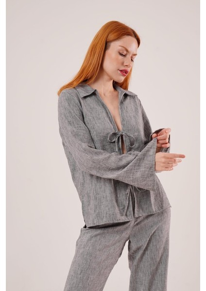 Ipeksi Ön Bağlama Detaylı Pantolon ve Gömlek Antrasit Ikili Takım fırsatları