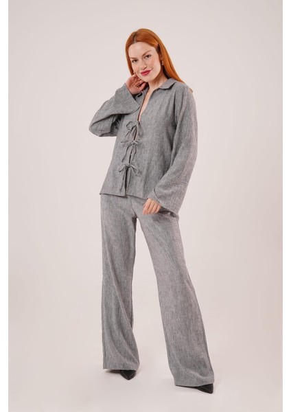 Ipeksi Ön Bağlama Detaylı Pantolon ve Gömlek Antrasit Ikili Takım indirimleri