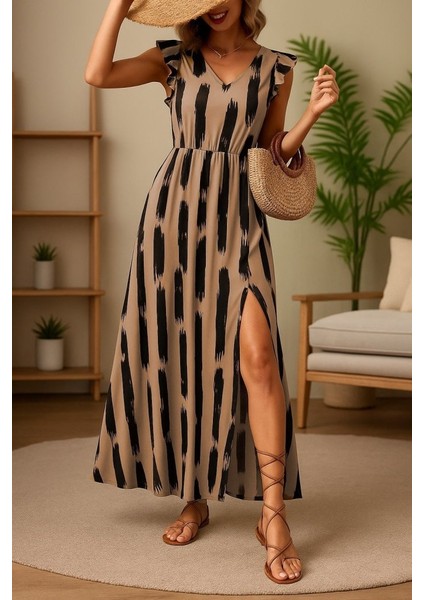 Ipeksi Kadın Kısa Kollu V Yakalı Yırtmaçlı Çiçek Desenli Süprem Elbise modelleri