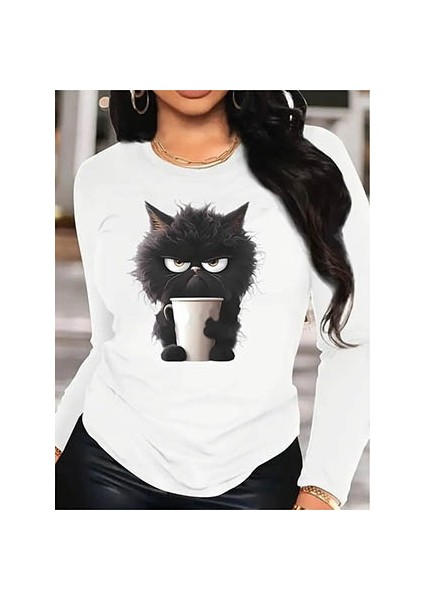 Ipeksi Kadın Uzun Kollu Bisiklet Yaka Baskılı Viskon Bluz