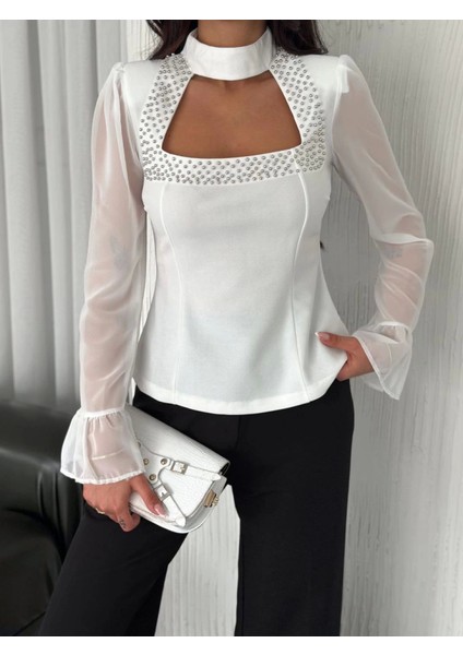 Ipeksi Kolları Şifon Göğüste Inci Boncuk Detaylı Bluz - Beyaz