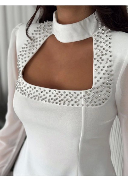 Ipeksi Kolları Şifon Göğüste Inci Boncuk Detaylı Bluz - Beyaz fiyatları