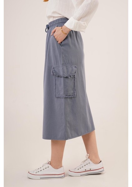 Ipeksi Ön Yırtmaçlı Cep Detaylı Indigo Etek