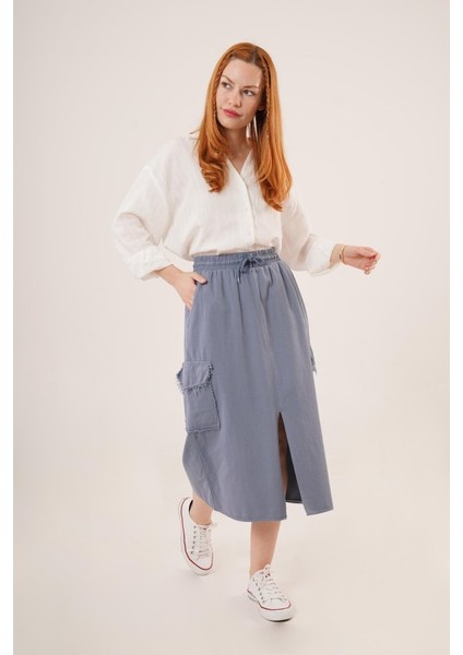 Ipeksi Ön Yırtmaçlı Cep Detaylı Indigo Etek