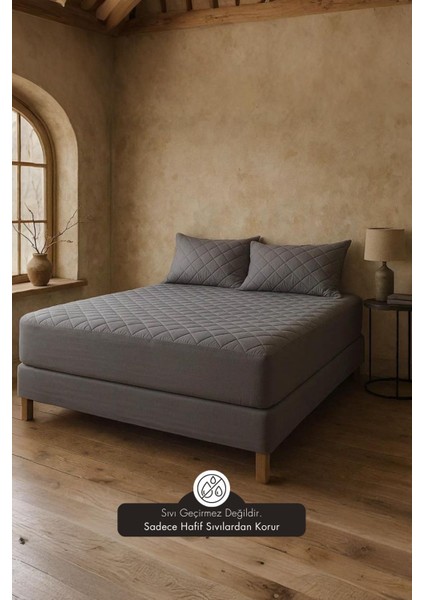 Yatak Alezi Pamuklu Kapitone Fitted Full Kenar Yatak Koruyucu Gri