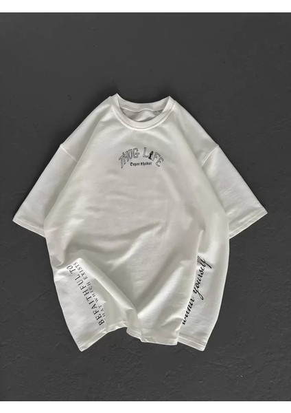 Ipeksi Unisex Baskılı Oversize T-Shirt - Beyaz