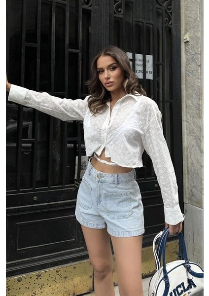 Ipeksi Kristen Sırt Dekolte Crop Gömlek 3253-08
