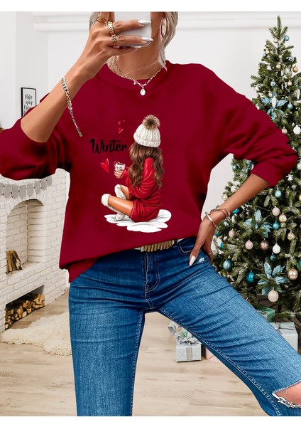 Ipeksi Kadın Yılbaşı Özel Uzun Kollu Bisiklet Yaka Desenli Viskon Iki Iplik Bluz