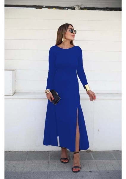 Ipeksi Kadın Uzun Kollu Hafif Kayık Yaka Sırt Dekolteli Yırtmaç Detaylı Viskon Tam Boy Elbise