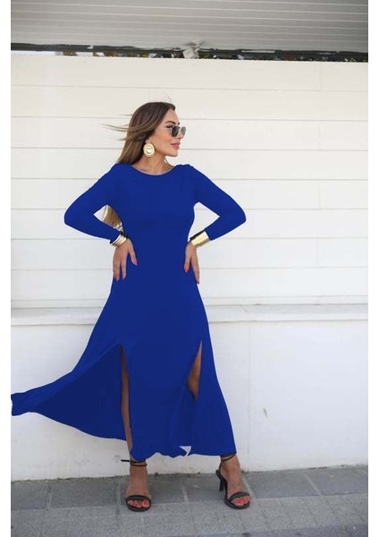 Ipeksi Kadın Uzun Kollu Hafif Kayık Yaka Sırt Dekolteli Yırtmaç Detaylı Viskon Tam Boy Elbise