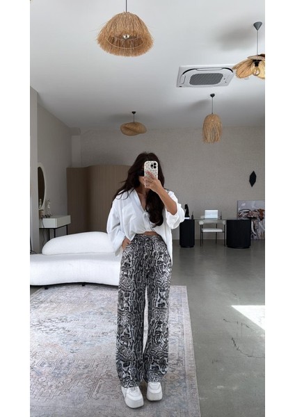 Ipeksi Kadın Saten Kumaş Leopar Desenli Pantolon modelleri