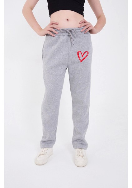 Ipeksi Oversize Boru Paça Baskılı Eşofman Pantolon - Gri