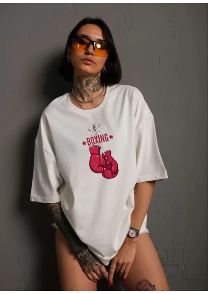 Ipeksi Unisex Bisiklet Yaka Baskılı Oversize T-Shirt - Beyaz fiyatları