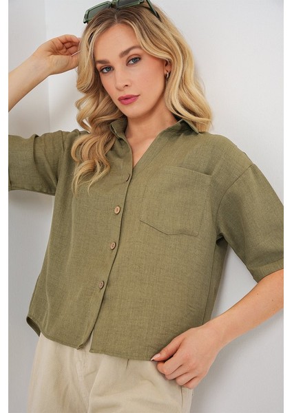 Ipeksi Keten Görünümlü Crop Gömlek 20339 - Çağla