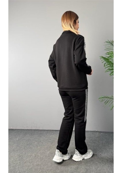 Ipeksi Kadın Fermuar ve Ekose Detay Sweatshirt ve Pantolon Üç Iplik Kumaş Ikili Takım modelleri