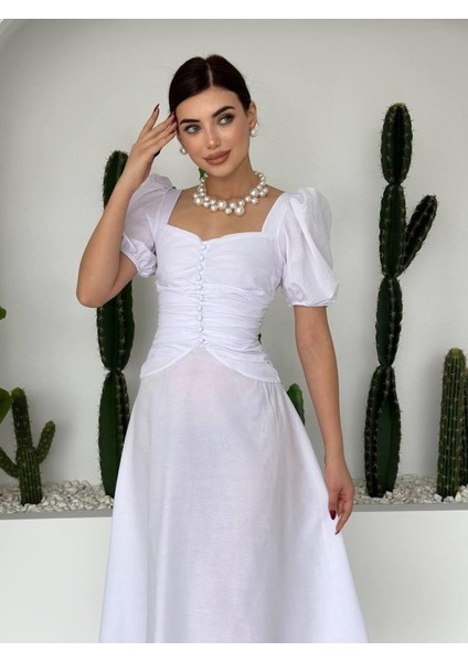 Ipeksi Kare Yaka Düğmeli Elbise