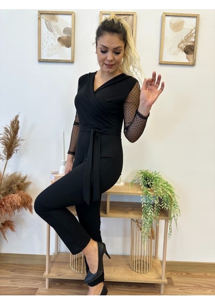 Ipeksi Krep Kumaş Kol Tül Puan Detaylı Kuşaklı Tulum 141 cm