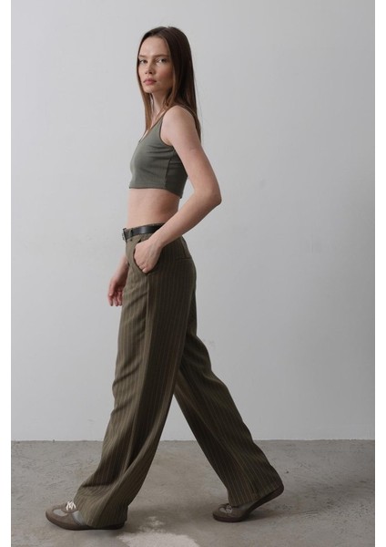 Ipeksi Kemerli Palazzo Pantolon - Haki-Beyaz