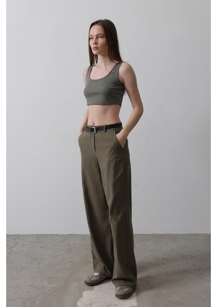 Ipeksi Kemerli Palazzo Pantolon - Haki-Beyaz fiyatları