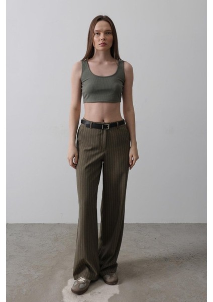 Ipeksi Kemerli Palazzo Pantolon - Haki-Beyaz modelleri