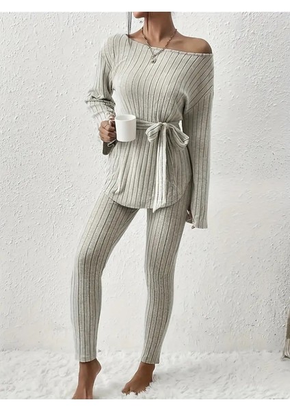 Ipeksi Kadın Uzun Kollu Tek Omuzu Açık Belden Kuşaklı Şardonlu Kaşkorse Bluz ve Tayt Pantolon fırsatları