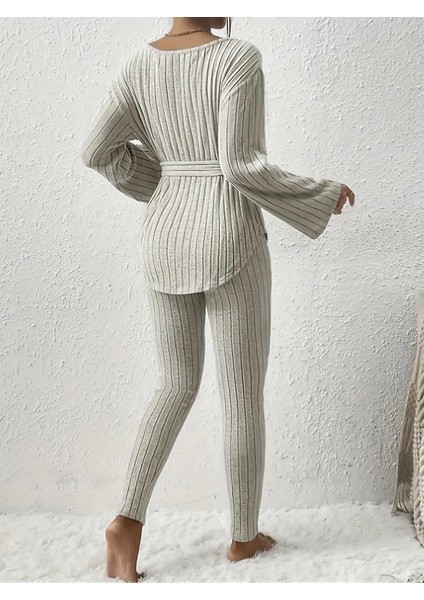 Ipeksi Kadın Uzun Kollu Tek Omuzu Açık Belden Kuşaklı Şardonlu Kaşkorse Bluz ve Tayt Pantolon indirimleri