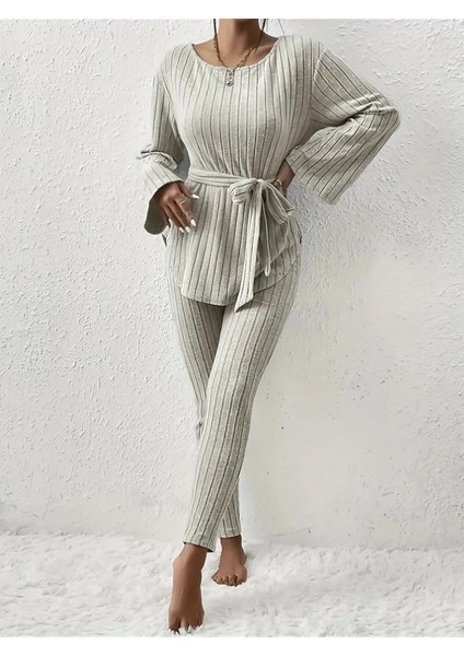 Ipeksi Kadın Uzun Kollu Tek Omuzu Açık Belden Kuşaklı Şardonlu Kaşkorse Bluz ve Tayt Pantolon