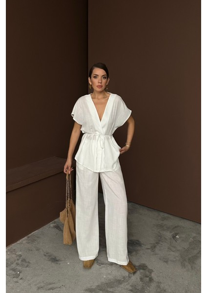 Ipeksi Keten V Yaka Belden Bağlamalı Bluz-Pantolon Takım - Beyaz fiyatları