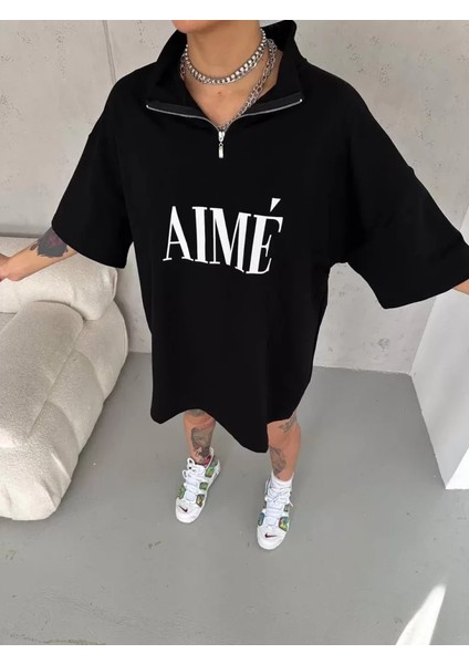 Ipeksi Unisex Yarım Fermuarlı Baskılı T-Shirt - Siyah modelleri